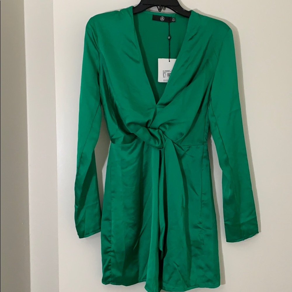 Misguided green long sleeve satin midi dress